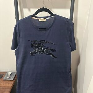 Burberry Navy Short-Sleeve Triple embroidered Sequin Equestrian Crewneck T-Shirt